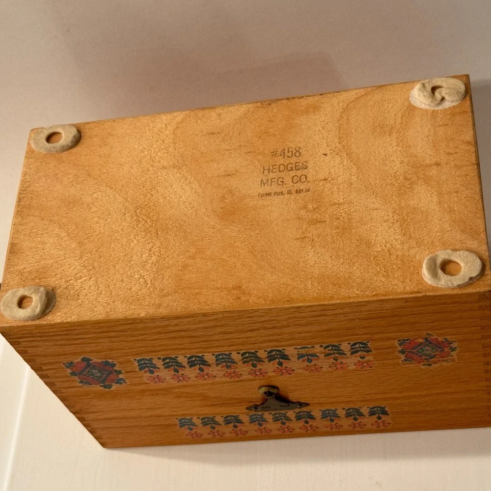 Vintage Wooden Jewelry Box Hinged Hidden Drawer Design Folk Art Detail‎